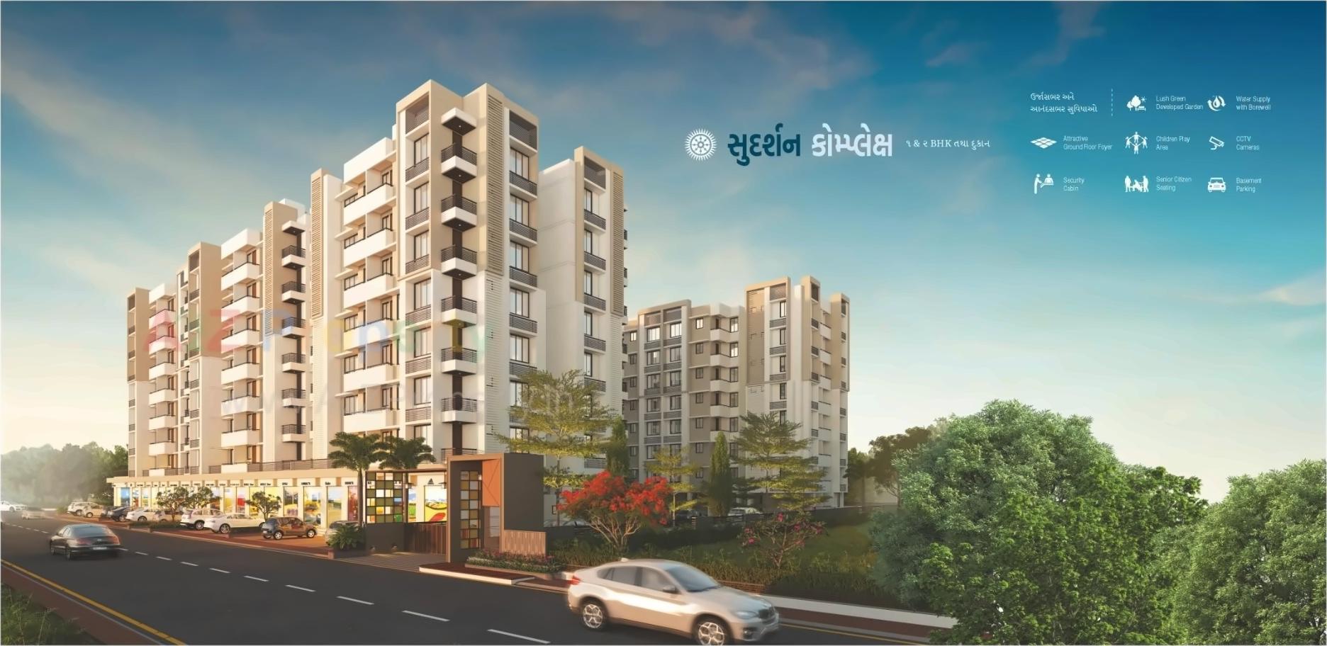 3D Elevation of real estate project Sudarshan Complex located at Ghtlodiya, Ahmedabad, Gujarat