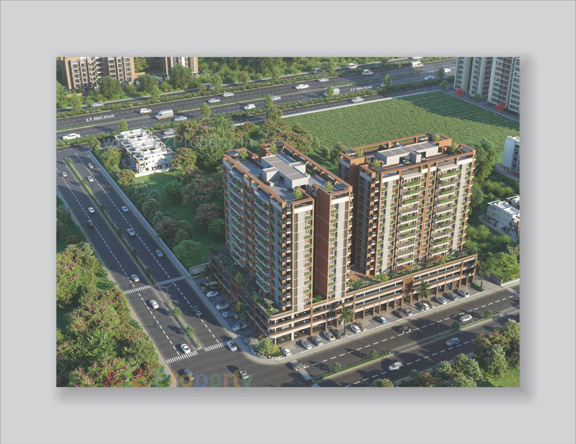 3D Elevation of real estate project The Twin Towers located at Hanspura, Ahmedabad, Gujarat