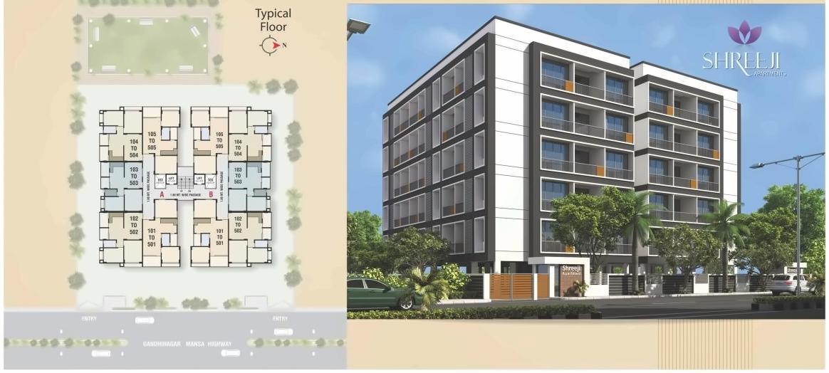 Layout of real estate project Shreeji Apartments located at Randheja, Gandhinagar, Gujarat