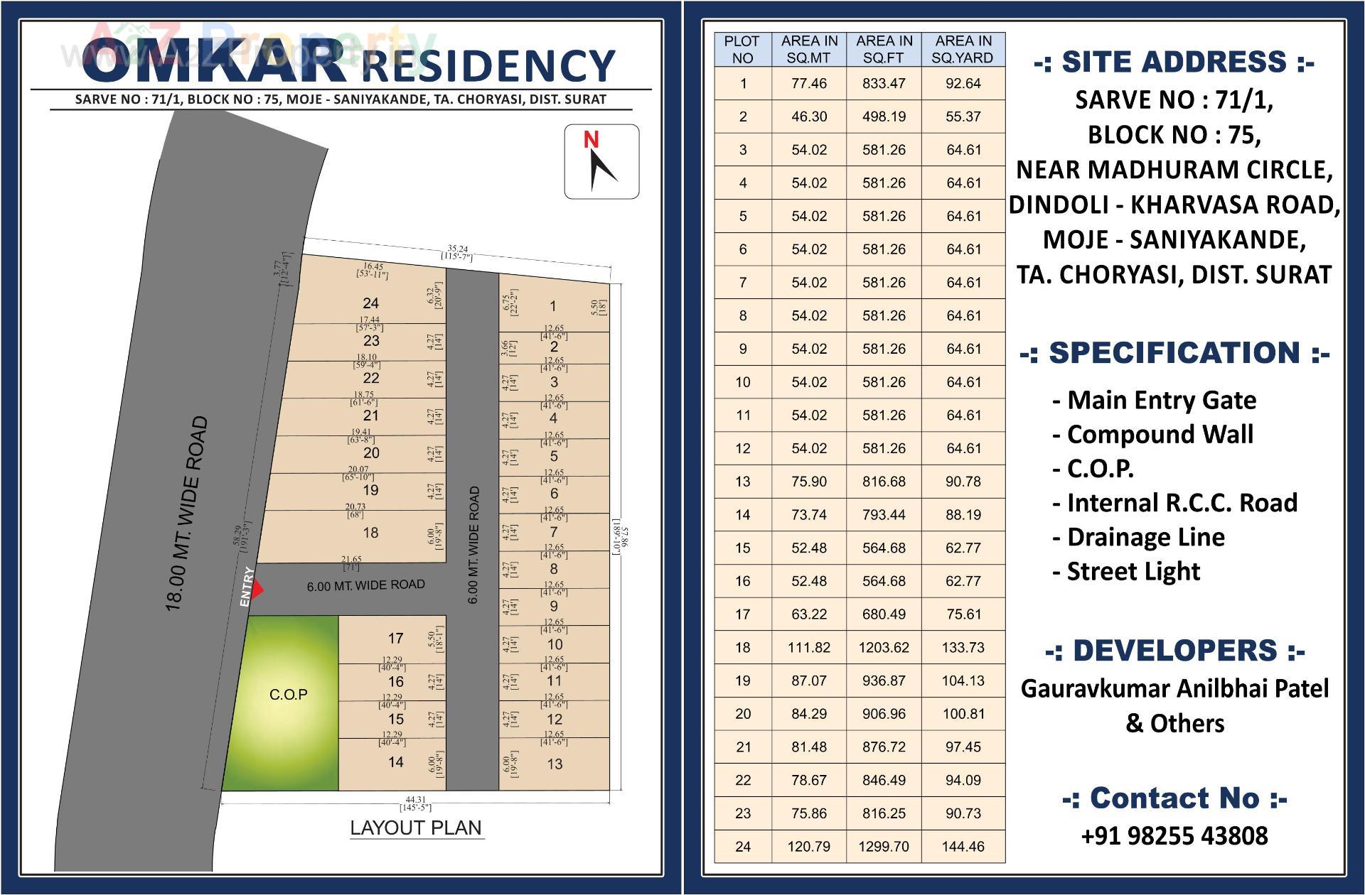Layout of real estate project Omkar Residency located at Saniya-kande, Surat, Gujarat