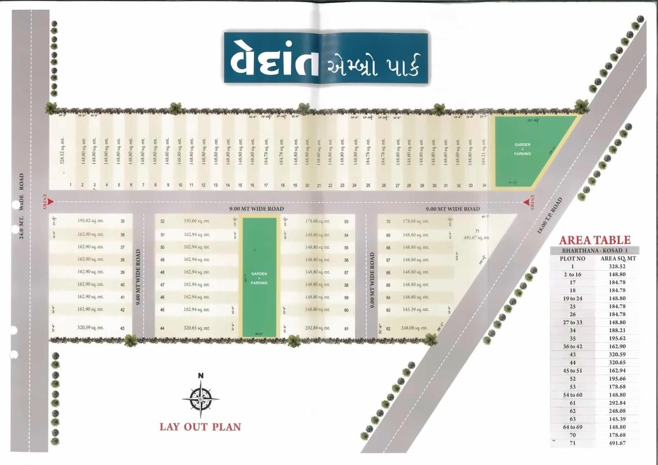 Layout of real estate project Vedant Embro Park located at Bharthana, Surat, Gujarat