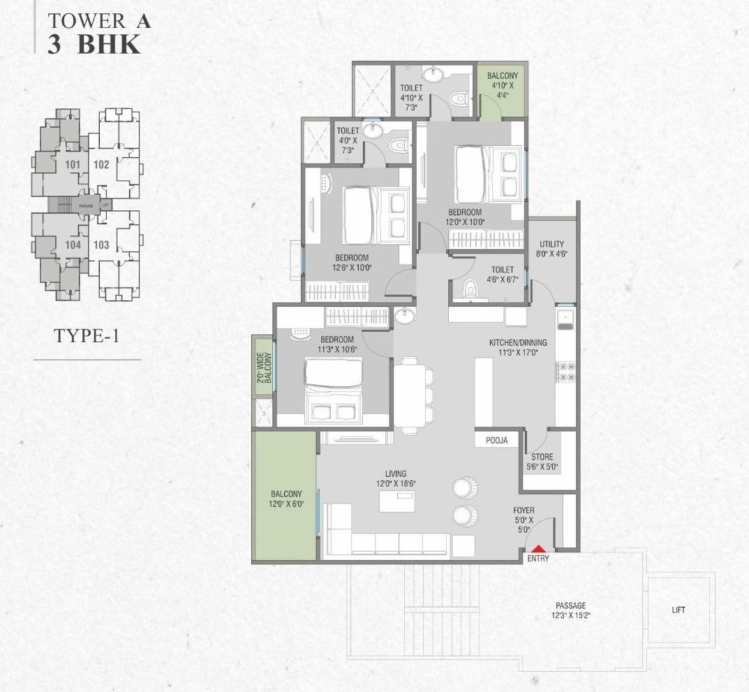 Tower A 3 Bhk Type 1 Layout of real estate project Sharnam Green located at Harni, Vadodara, Gujarat
