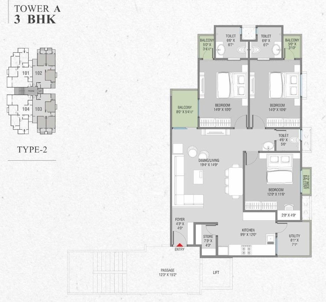 Tower A 3 Bhk Type 2 Layout of real estate project Sharnam Green located at Harni, Vadodara, Gujarat