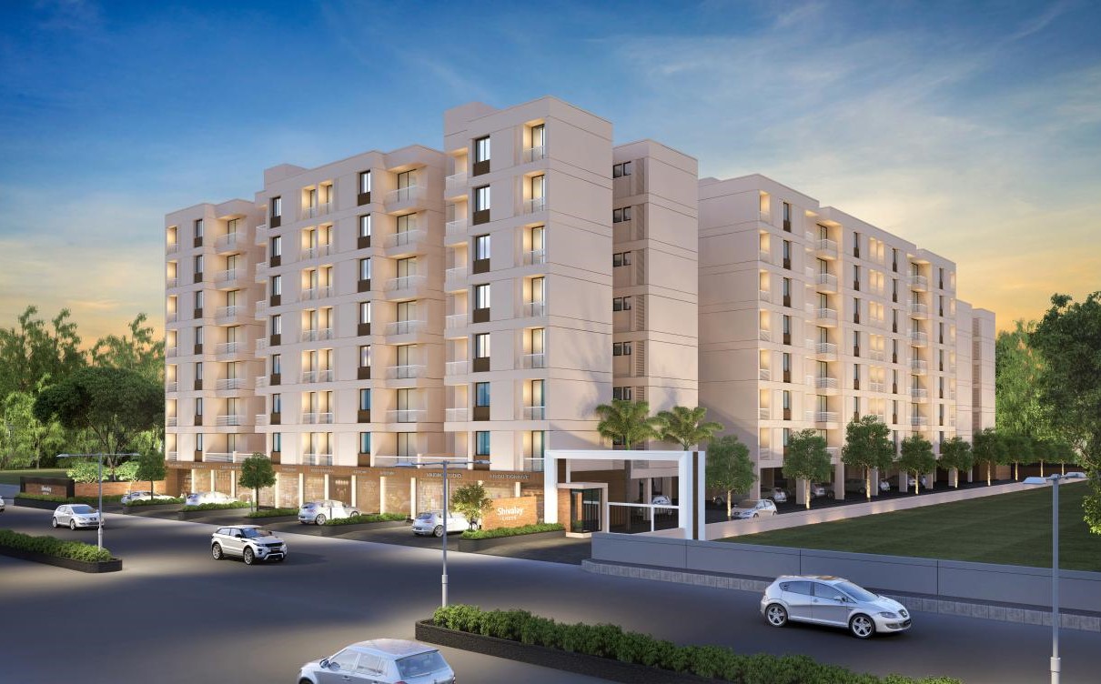 Corner Evening View of real estate project Shivalay Green located at Ankhol, Vadodara, Gujarat