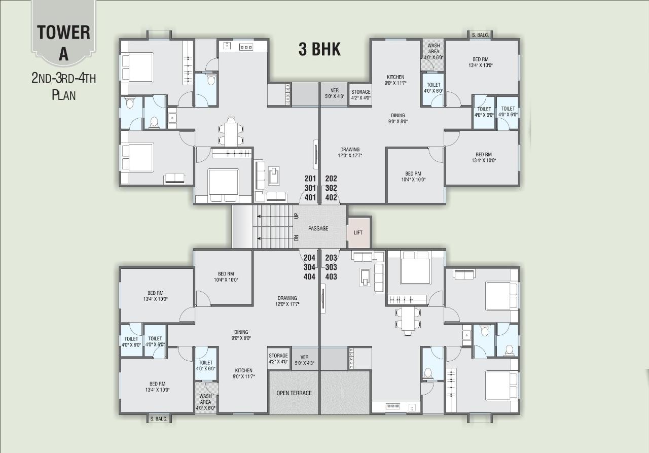 Tower A 2nd 3rdh 4th Floor Plan Layout of real estate project Shree Kunj Residency located at Jambuva, Vadodara, Gujarat