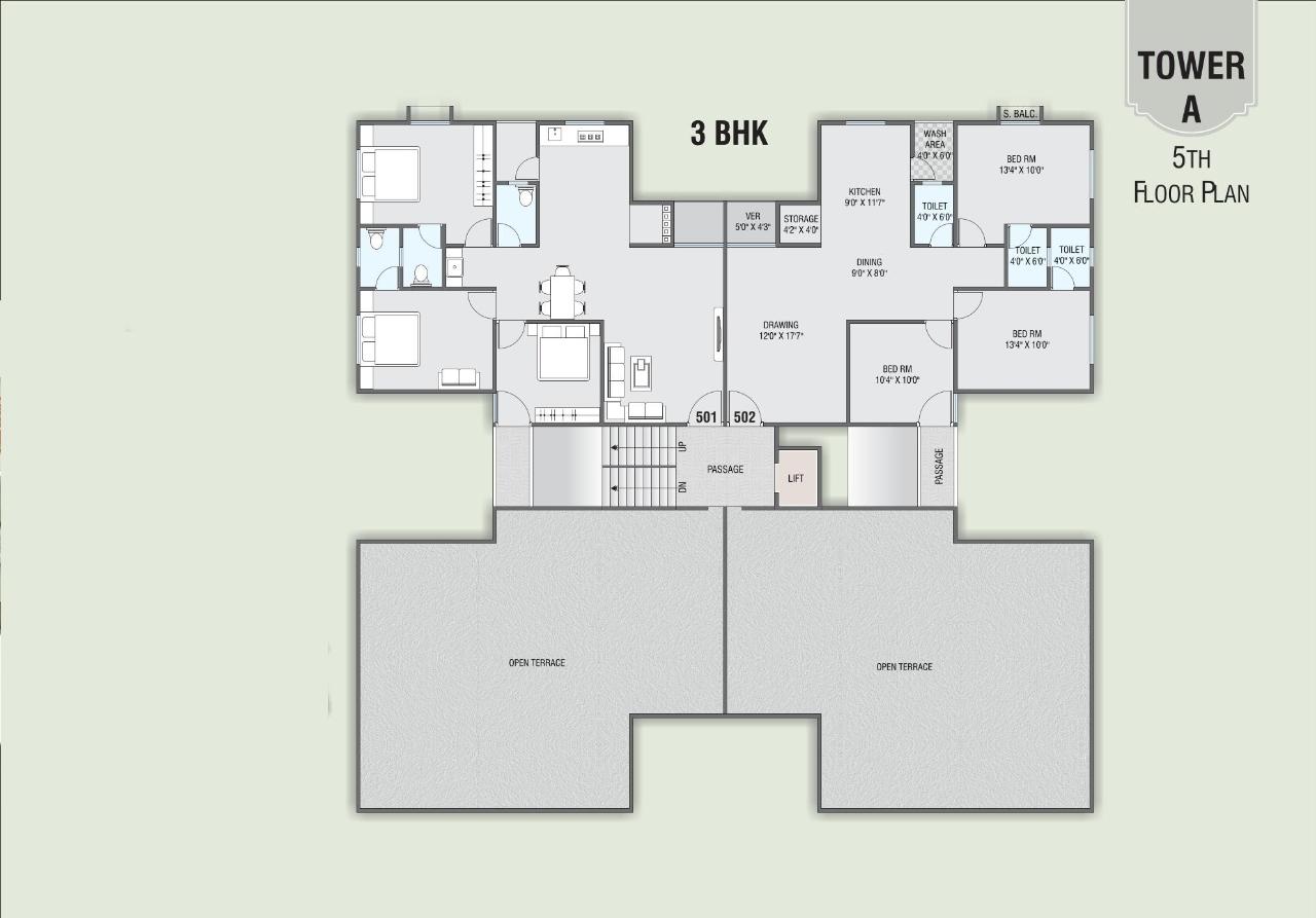 Tower A 5th Floor Plan Layout of real estate project Shree Kunj Residency located at Jambuva, Vadodara, Gujarat