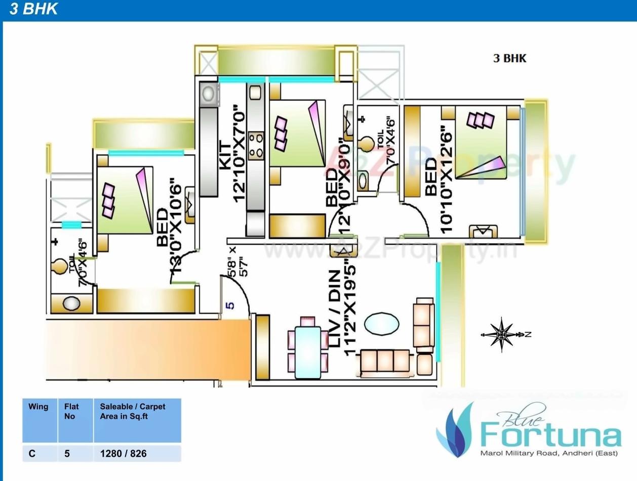 Layout of real estate project Blue Fortuna located at Andheri, MumbaiSuburban, Maharashtra