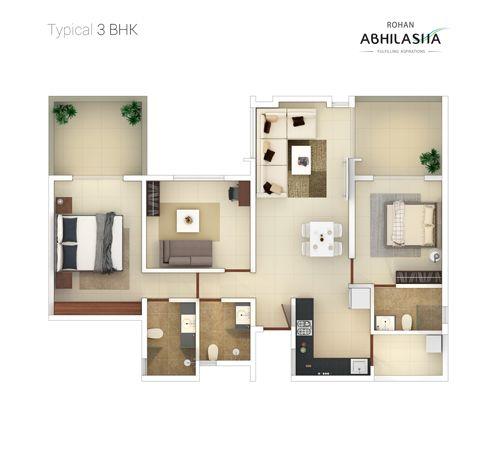 Typical 3 Bhk 500x450 of real estate project Rohan Abhilasha located at Wagholi, Pune, Maharashtra